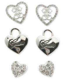 Match any outfit with a lovely design. This set of 3 stud earrings from GUESS features heart designs with jet epoxy and shiny crystal accents. Crafted in silver tone mixed metal. Approximate diameter(s): 1/2 inch to 3/8 inch. Match any outfit with a lovely design. This set of 3 stud earrings from GUESS features heart designs with jet epoxy and shiny crystal accents. Crafted in silver tone mixed metal. Approximate diameter(s): 1/2 inch to 3/8 inch.