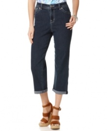 These petite capris by Style&co. get glammed up with a dark wash and a jeweled design at the back pockets. These petite capris by Style&co. get glammed up with a dark wash and a jeweled design at the back pockets.