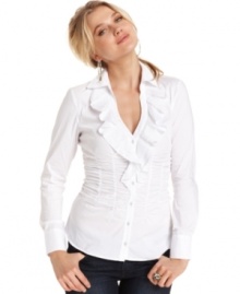 Lace ruffles and ruching adds feminine flair to this GUESS blouse -- perfect for a pretty yet polished look!