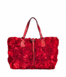 Exquisitely crafted with allover satin textural roses, Valentinos radiant red tote guarantees a romantic and covetable edge to every outfit - Tonal leather trim, embossed logo plaque, flat leather double top handles, leather top strap with double ring hardware, inside zippered back wall pocket, two front wall slot pockets, platinum-toned hardware, protective feet - Carry as a pretty polish to your most festive event