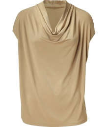 Chic top in fine, toasty beige viscose stretch blend - Soft, lightweight fabric drapes like a dream - Small, flattering cowl neck and short sleeves - Slim, straight silhouette - Stylish and sophisticated, seamlessly transitions from day to evening - Dress up with slim trousers and platform pumps, or go for a more casual look with shorts and sandals