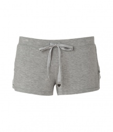 Stylish shorts in fine heather grey stretch modal - Short mini length is sexy but comfortable - Drawstring waist with heart charms on the ties and decorative lace trim - A great lounge basic with a tee, tank or cut-off sweatshirt