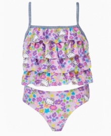 Do a little dance with ruffles. The layers on this tankini set from Hello Kitty make it a fun look to bring to the beach. Do a little dance with ruffles. The layers on this tankini set from Hello Kitty make it a fun look to bring to the beach.