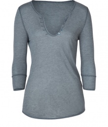 Laid-back looks get a shimmer of metallic luster in Zadig & Voltaires super soft henley, finished with gunmetal stitched seams for an effortless chic edge - Open buttoned neckline, 3/4 sleeves, stitched cuffs, raw edges, curved hemline - Relaxed straight fit - Pair with feminine camisoles and edgy skinny jeans