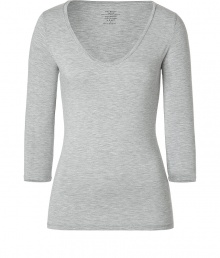 Stylish T-shirt in light grey stretch rayon - very soft and pleasant quality - low V-neck - sleeves in discreet 3/4 length, ideal for women who dont like to reveal their arms or wear the top at the office - slim and slightly waist fitted - new basic - feminine and comfortable alternative for a blouse - wear with a pant suit, pleated skirt, cardigan Stylish T-shirt in light grey stretch rayon - very soft and pleasant quality - low V-neck - sleeves in discreet 3/4 length, ideal for women who dont like to reveal their arms or wear the top at the office - slim and slightly waist fitted - new basic - feminine and comfortable alternative for a blouse - wear with a pant suit, pleated skirt, cardigan
