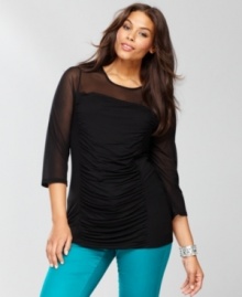 A sheer panel and feminine ruching make INC's plus size top a total winner. Wear this to spice up your favorite jeans or go super-dramatic and pair it with sequins, metallic or faux leather bottoms.