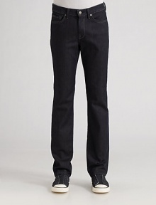 A clean wash with a matte finish and subtle abrasions is tailored with slim, tapered legs in dressed-up Italian denim. Five-pocket style Zip fly Inseam, about 33 Machine wash Made in USA A clean wash with a matte finish and subtle abrasions is tailored with slim, tapered legs in dressed-up Italian denim. Five-pocket style Zip fly Inseam, about 33 Machine wash Made in USA