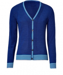 Luxe cardigan in fine, indigo wool and silk blend - Supremely soft, densely woven knit - Deep V-neck with contrast turquoise stripe trim at cuff, hem and button placket - Slim, fitted silhouette - Elegant and classically cool, ideal for both work and play - Pair with jeans, chinos or slim trousers and leather lace-ups or trainers Luxe cardigan in fine, indigo wool and silk blend - Supremely soft, densely woven knit - Deep V-neck with contrast turquoise stripe trim at cuff, hem and button placket - Slim, fitted silhouette - Elegant and classically cool, ideal for both work and play - Pair with jeans, chinos or slim trousers and leather lace-ups or trainers