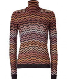 Eye-catching sweater from fashion label Missoni in super trendy 1970s colors - Features iconic Missoni zigzag pattern - Cut with a high turtleneck and fitted long sleeves with contrasting cuffs and hem - Pair for the office with a pencil skirt or with gold jewelry, wide-legged trousers and platform heels for the boho-look, or simply with jeans for everyday style