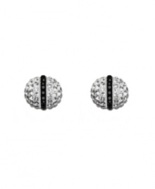 Perfect your look with playful studs by Swarovski. Earrings feature a unique ball design coated with clear crystals and a strip of jet black crystals. Set in silver tone mixed metal. Approximate diameter: 1/2 inch.