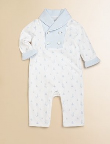 Gently crafted from super-soft Pima cotton as part of this luxe collection, a whimsical shawl coverall is accented with an all-over anchor and sailboat print for a nautical-inspired look.Shawl collarLong sleeves with turn-back cuffsDouble-breasted placket with anchor-embossed buttonsBottom snaps for easy on and offPima cottonMachine washImported Please note: Number of snaps may vary depending on size ordered. Gently crafted from super-soft Pima cotton as part of this luxe collection, a whimsical shawl coverall is accented with an all-over anchor and sailboat print for a nautical-inspired look.Shawl collarLong sleeves with turn-back cuffsDouble-breasted placket with anchor-embossed buttonsBottom snaps for easy on and offPima cottonMachine washImported Please note: Number of snaps may vary depending on size ordered.
