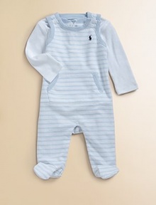 Rendered in soft, striped cotton, this essential footed overall is paired with a preppy bodysuit for a polished look and comfy feel.CrewneckLong sleeves with sewn cuffsFront-buttoned bodysuitOverall shoulder snapsKangaroo pockets with ribbed openingsEmbroidered pony logoSnaps at footed hemCottonMachine washImported Please note: Number of buttons/snaps may vary depending on size ordered. Rendered in soft, striped cotton, this essential footed overall is paired with a preppy bodysuit for a polished look and comfy feel.CrewneckLong sleeves with sewn cuffsFront-buttoned bodysuitOverall shoulder snapsKangaroo pockets with ribbed openingsEmbroidered pony logoSnaps at footed hemCottonMachine washImported Please note: Number of buttons/snaps may vary depending on size ordered.