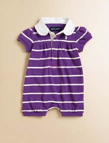 A ruffle-trimmed Peter Pan collar and precious puffed sleeves accent an adorable bubble silhouette, crafted from luxuriously soft cotton in playful stripes. Twill Peter Pan collarShort puffed sleevesConcealed front button placketEmpire waistConcealed bottom snapsCottonMachine washImported Please note: Number of buttons and snaps may vary depending on size ordered. A ruffle-trimmed Peter Pan collar and precious puffed sleeves accent an adorable bubble silhouette, crafted from luxuriously soft cotton in playful stripes. Twill Peter Pan collarShort puffed sleevesConcealed front button placketEmpire waistConcealed bottom snapsCottonMachine washImported Please note: Number of buttons and snaps may vary depending on size ordered.