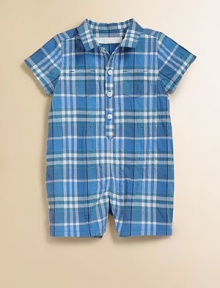 Cool comfort and chic checks in an effortless coverall just made for play.Spread collarShort sleevesButton placketPatch chest pocketsSnap legs94% cotton/5% nylon/1% elastaneMachine washImported Please note: Number of buttons and snaps may vary depending on size ordered. 