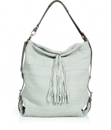 Luxe handbag in fine, ultra-supple white woven leather - Chic, over-the-shoulder tote style with zip top closure and adjustable strap -Folded bottom corners and oversize tassel embellishment lend the bag a slouchy, boho appeal - Lined in linen, with one small and one larger interior pocket - Relaxed yet polished, roomy enough to fit all of the essentials Luxe handbag in fine, ultra-supple white woven leather - Chic, over-the-shoulder tote style with zip top closure and adjustable strap -Folded bottom corners and oversize tassel embellishment lend the bag a slouchy, boho appeal - Lined in linen, with one small and one larger interior pocket - Relaxed yet polished, roomy enough to fit all of the essentials