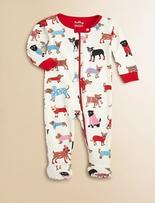 Dressed in their doggie sweaters and ready for a winter walk, a whole kennel's worth of perky pooches adorns this adorable cotton knit print.Ribbed crewneckSnap neck tabFront and leg zipperLong sleeves with contrast ribbed cuffsFeet with non-slip dots on solesCottonMachine washImported Dressed in their doggie sweaters and ready for a winter walk, a whole kennel's worth of perky pooches adorns this adorable cotton knit print.Ribbed crewneckSnap neck tabFront and leg zipperLong sleeves with contrast ribbed cuffsFeet with non-slip dots on solesCottonMachine washImported