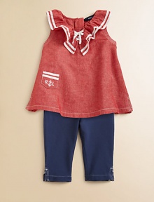 A woven cotton chambray top and stretch cotton legging set evokes sporty nautical style, detailed with sailor-inspired stripes, an embroidered patch pocket and a ruffled neckline. Top Ruffled V-neckSleevelessBack buttonsFlared hem Leggings Elastic waistbandCropped legSide-vented hemCotton/linenMachine washImported Please note: Number of buttons may vary depending on size ordered. A woven cotton chambray top and stretch cotton legging set evokes sporty nautical style, detailed with sailor-inspired stripes, an embroidered patch pocket and a ruffled neckline. Top Ruffled V-neckSleevelessBack buttonsFlared hem Leggings Elastic waistbandCropped legSide-vented hemCotton/linenMachine washImported Please note: Number of buttons may vary depending on size ordered.