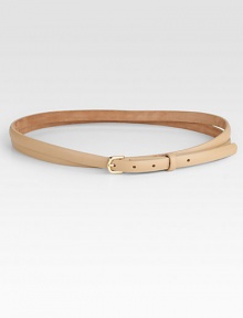 Sumptuous Italian nubuck leather, double-wrapped belt with a shiny goldtone brass buckle.Width, about .625Made in the USAOUR FIT MODEL RECOMMENDS ordering one size up as this style runs small. 