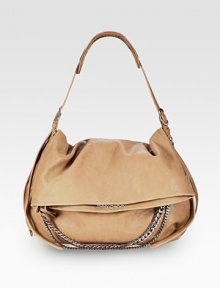 Sleek modern chains adorn this slouchy carryall made of butter-soft Italian leather. Adjustable shoulder strap, 9-23 dropFold-over top zip closureOne open compartment under flap with zip pocketOne inside zip pocketSuede lining15½W X 12H X 5DMade in Italy Sleek modern chains adorn this slouchy carryall made of butter-soft Italian leather. Adjustable shoulder strap, 9-23 dropFold-over top zip closureOne open compartment under flap with zip pocketOne inside zip pocketSuede lining15½W X 12H X 5DMade in Italy