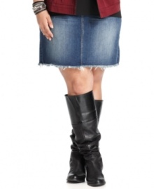 Link up your fave tops with American Rag's plus size denim skirt, featuring a frayed hem.