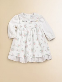 Sweet pastel bouquets adorn a graceful knit jumper, paired with a solid knit bodysuit with embroidery and ruffles. Jumper:Square necklineAdjustable button strapsGathered yoke, front and backSolid ruffled hem Bodysuit:Peter Pan collar with embroidery and ruffle trimLong puffed sleeves with band cuffsBack buttonsSnap bottomCottonMachine washImported Sweet pastel bouquets adorn a graceful knit jumper, paired with a solid knit bodysuit with embroidery and ruffles. Jumper:Square necklineAdjustable button strapsGathered yoke, front and backSolid ruffled hem Bodysuit:Peter Pan collar with embroidery and ruffle trimLong puffed sleeves with band cuffsBack buttonsSnap bottomCottonMachine washImported