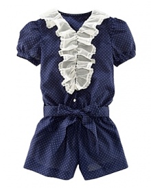 A stylish romper rendered in Swiss-dotted cotton is accented with ruffled lace and a sash for the perfect summer ensemble. A stylish romper rendered in Swiss-dotted cotton is accented with ruffled lace and a sash for the perfect summer ensemble.