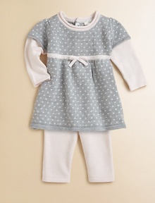In soft knit cotton with pretty polka-dot details, this two-piece set is super comfy and super cute. Dress CrewneckBack button closureShort over long sleevesEmpire waist with bow detail Leggings Pull-on styleCottonMachine washImported Please note: Number of buttons may vary depending on size ordered. In soft knit cotton with pretty polka-dot details, this two-piece set is super comfy and super cute. Dress CrewneckBack button closureShort over long sleevesEmpire waist with bow detail Leggings Pull-on styleCottonMachine washImported Please note: Number of buttons may vary depending on size ordered.