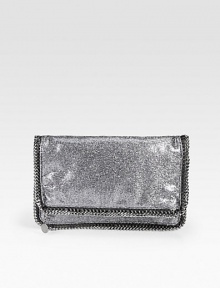 Faux leather details accent this textured metallic style with shiny link chain trim that follows the brand's vegetarian initiatives.Magnetic snap closureTwo inner compartementsOne zip pocket under flapFully lined12W X 8H X 1½DMade in Italy Faux leather details accent this textured metallic style with shiny link chain trim that follows the brand's vegetarian initiatives.Magnetic snap closureTwo inner compartementsOne zip pocket under flapFully lined12W X 8H X 1½DMade in Italy