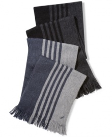 Stripe it rich: Nautica's self-fringed muffler with two-color pattern of vertical stripes. Stripe it rich: Nautica's self-fringed muffler with two-color pattern of vertical stripes.