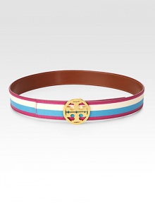 This multicolored, striped design in leather backed coated canvas features a goldtone logo buckle. Width, about 2Made in USA This multicolored, striped design in leather backed coated canvas features a goldtone logo buckle. Width, about 2Made in USA