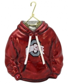 Fitting for Ohio State alum, this hand-painted hoodie ornament trims the tree in Buckeyes red and white. Glitter amps up the school and holiday spirit.