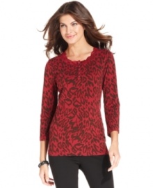 Jones New York Signature's henley top offers easy style at a low price. Lace trim at the neckline and a punchy animal print make it anything but basic!