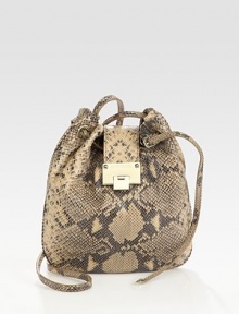 Exotic snake-print leather in a soft, slouchy carryall, cinched at the top by a drawstring closure.Adjustable crossbody strap, 27¾-30 dropFlap-lock over drawstring closureOne inside zip pocketTwo inside open pocketsSuede lining11W X 11¼H X 2¾DMade in Italy Exotic snake-print leather in a soft, slouchy carryall, cinched at the top by a drawstring closure.Adjustable crossbody strap, 27¾-30 dropFlap-lock over drawstring closureOne inside zip pocketTwo inside open pocketsSuede lining11W X 11¼H X 2¾DMade in Italy