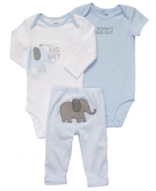 Show everyone how much you love your little man with this fun 3-piece bodysuits and pant set from Carter's. Show everyone how much you love your little man with this fun 3-piece bodysuits and pant set from Carter's.