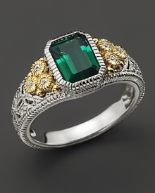 Intricately textured sterling silver and 18K gold frame faceted green quartz and white sapphires. By Judith Ripka.