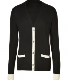 Work a cool colorblock into your knitwear collection with Marc by Marc Jacobs luxe modern iteration in a super soft mix of silk, cotton and cashmere - V-neckline, long sleeves, cream cuffs, cream trimmed button-down front and front slit pockets, fine ribbed trim, cream trim on back hemline - Slim fit - Wear with tailored trousers and sleek button-downs Work a cool colorblock into your knitwear collection with Marc by Marc Jacobs luxe modern iteration in a super soft mix of silk, cotton and cashmere - V-neckline, long sleeves, cream cuffs, cream trimmed button-down front and front slit pockets, fine ribbed trim, cream trim on back hemline - Slim fit - Wear with tailored trousers and sleek button-downs