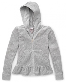 With rich peplum ruffles at the hem, shoulders and back, Juicy Couture's classic velour hoodie makes luxurious style a daily affair. With rich peplum ruffles at the hem, shoulders and back, Juicy Couture's classic velour hoodie makes luxurious style a daily affair.