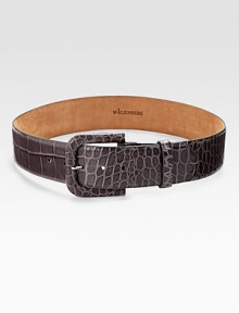 This stylish piece features a self covered buckle and is lined with supple calf leather. Width, about 2 Made in USA This stylish piece features a self covered buckle and is lined with supple calf leather. Width, about 2 Made in USA