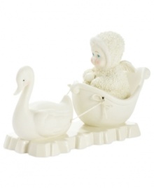 An adorable little one takes a snowy ride through a winter wonderland, creating a magical scene with this Snowbabies figurine from Department 56.