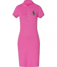 Stylish dress in fine pink cotton stretch - A casual classic from cult label Polo Ralph Lauren - Traditional, button down polo style with small collar and short sleeves - Oversize decorative embroidered logo at chest - Slim skirt hits just above the knees - Fitted cut creates a particularly flattering silhouette - A sporty-chic go-to in any wardrobe ideal for work and play - Pair with a cropped cardigan and strappy sandals, or layer with a blazer and style with ballet flats