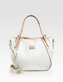 A well-crafted leather design with contrast trim and a versatile detachable strap.Adjustable double top handles, 5¼-9½ dropDetachable adjustable shoulder strap, 11½-22 dropSnap button closureOne inside zip pocketTwo inside open pocketsCotton lining12W X 10½H X 5DImported A well-crafted leather design with contrast trim and a versatile detachable strap.Adjustable double top handles, 5¼-9½ dropDetachable adjustable shoulder strap, 11½-22 dropSnap button closureOne inside zip pocketTwo inside open pocketsCotton lining12W X 10½H X 5DImported