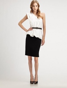 A dramatic one-piece, one-shoulder dress has an architectural top that's all about angles and folds, with a soft bubble hem that blouses over its slim skirt.Diagonal neckline with one pleated shoulder Pleated bodice with angled bubble hem Braided belt Smooth, slim skirt Side zip closure About 25 from natural waist 74% rayon/20% nylon/6% spandex Dry clean Imported A dramatic one-piece, one-shoulder dress has an architectural top that's all about angles and folds, with a soft bubble hem that blouses over its slim skirt.Diagonal neckline with one pleated shoulder Pleated bodice with angled bubble hem Braided belt Smooth, slim skirt Side zip closure About 25 from natural waist 74% rayon/20% nylon/6% spandex Dry clean Imported