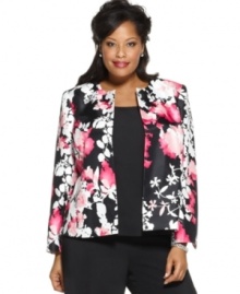 Make your ensemble evening-ready with this beautiful plus size shantung jacket from Kasper. The bright floral print makes an easy match with black pants.