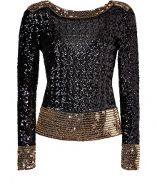 Shimmer into evening elegance in By Malene Birgers dramatic sequined top, a contemporary-chic choice guaranteed to make an impact - Wide neckline, V-back, long sleeves, contrast gold sequined trim - Fitted - Wear with everything from jeans and heels to mini-skirts and ankle boots