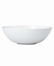Dine with Wickford dinnerware and tie in timeless sophistication with every meal. This versatile white porcelain serving bowl has a contemporary shape embossed with a twisting rope design. Dine with Wickford dinnerware and tie in timeless sophistication with every meal. This versatile white porcelain serving bowl has a contemporary shape embossed with a twisting rope design.