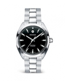 A solid stainless steel bezel frames a black stick dial. Features a scratch-resistant sapphire crystal. Fine Swiss automatic movement with exhibition case-back. Unisex. A solid stainless steel bezel frames a black stick dial. Features a scratch-resistant sapphire crystal. Fine Swiss automatic movement with exhibition case-back. Unisex.