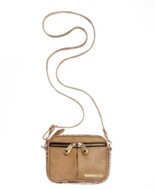 Throw on this casual crossbody and you're out the door. A take-anywhere design from Kenneth Cole Reaction featuring python print accents, gold-tone hardware and a unique double zip front pocket.