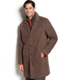 Welcome the cool-weather with style that warms you up in this handsome wool-blend overcoat from Kenneth Cole. Welcome the cool-weather with style that warms you up in this handsome wool-blend overcoat from Kenneth Cole.