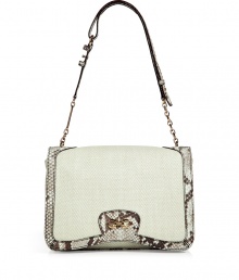 Classic with a twist, this signature Salvatore Ferragamo bag boasts luxe details and an elegant design - Small square shape, raffia with python trim, gold-tone front logo detail, short shoulder strap with python and chain detail - Great for everyday use or for casual cocktails Classic with a twist, this signature Salvatore Ferragamo bag boasts luxe details and an elegant design - Small square shape, raffia with python trim, gold-tone front logo detail, short shoulder strap with python and chain detail - Great for everyday use or for casual cocktails