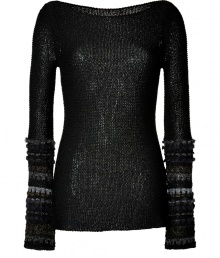 Inject an edge of urban glamour into your contemporary luxe look with Donna Karans intricately crafted open knit pullover - Boat-neckline, long wide sleeves with metallic, olive, and tonal grey stitched cuffs - Long, fitted silhouette - Layer over jet black tissue tees and edgy slim trousers Inject an edge of urban glamour into your contemporary luxe look with Donna Karans intricately crafted open knit pullover - Boat-neckline, long wide sleeves with metallic, olive, and tonal grey stitched cuffs - Long, fitted silhouette - Layer over jet black tissue tees and edgy slim trousers